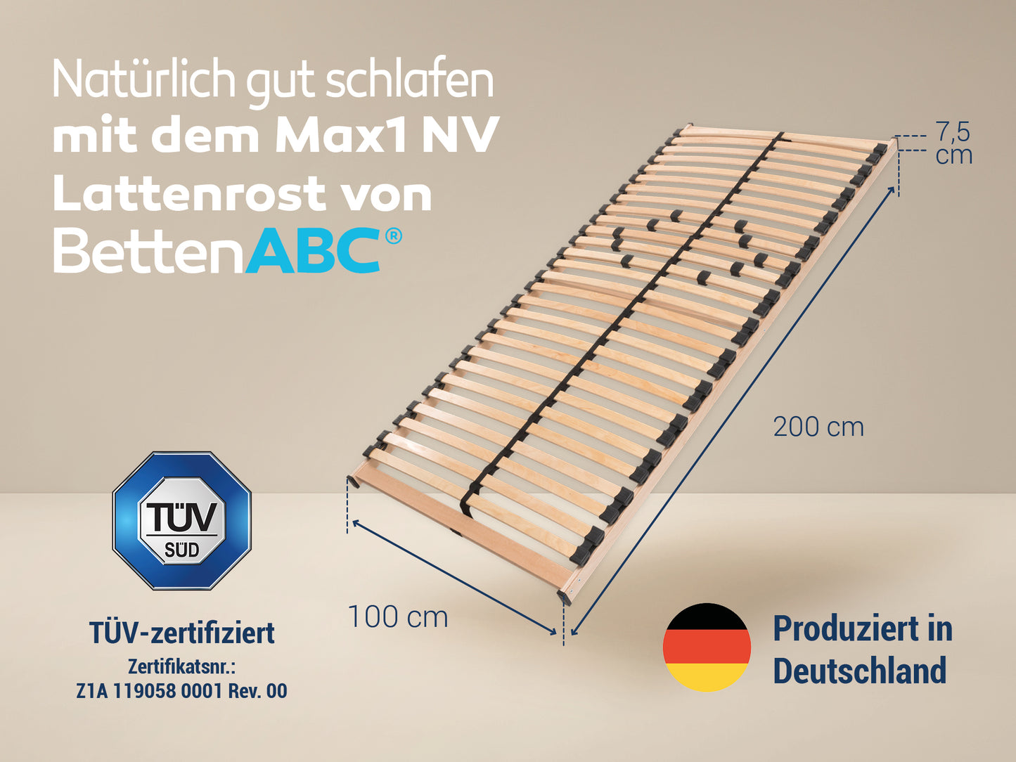 Max NV MZV – Lattenrost zur Selbstmontage mit 28 Leisten, durchgehender Holm, TÜV SÜD GS