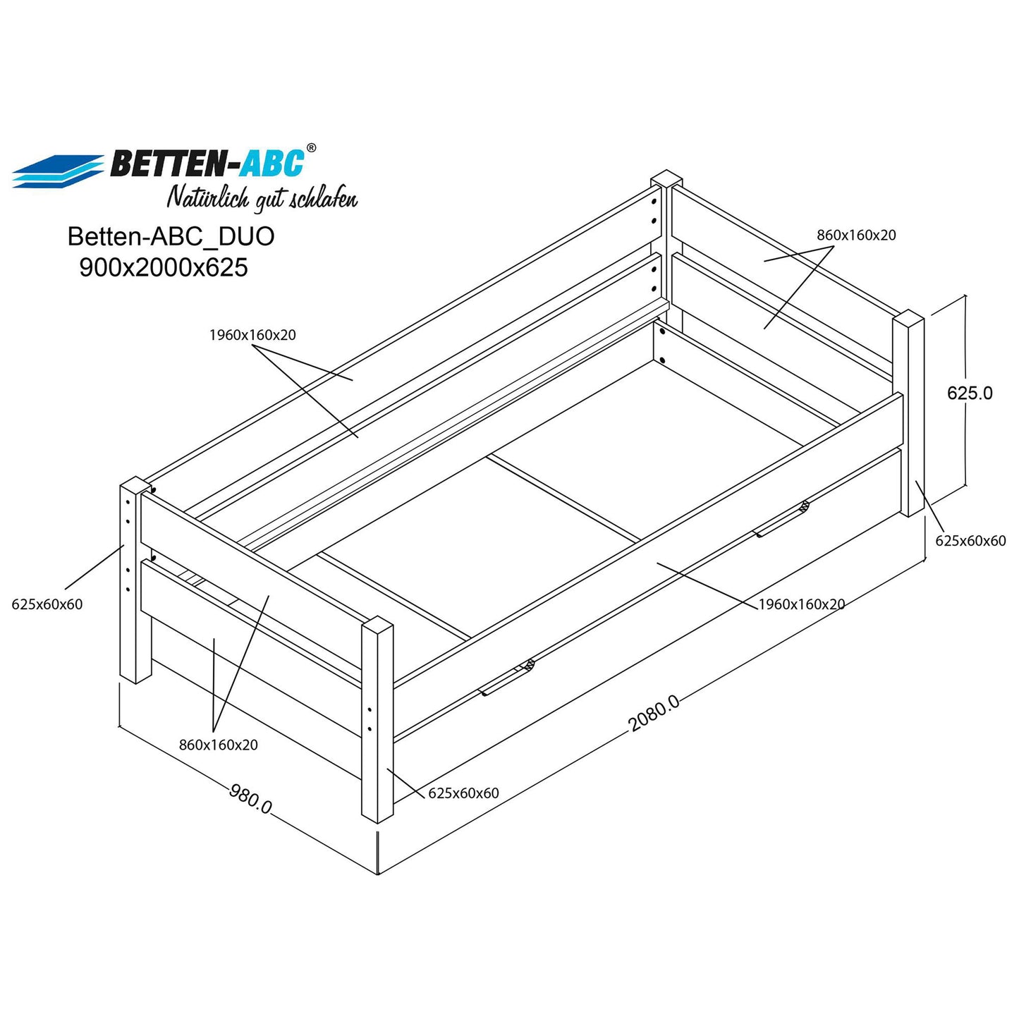 Bubema Duo – Bett mit Bettkasten aus massiver Buche, inkl. Rollrost