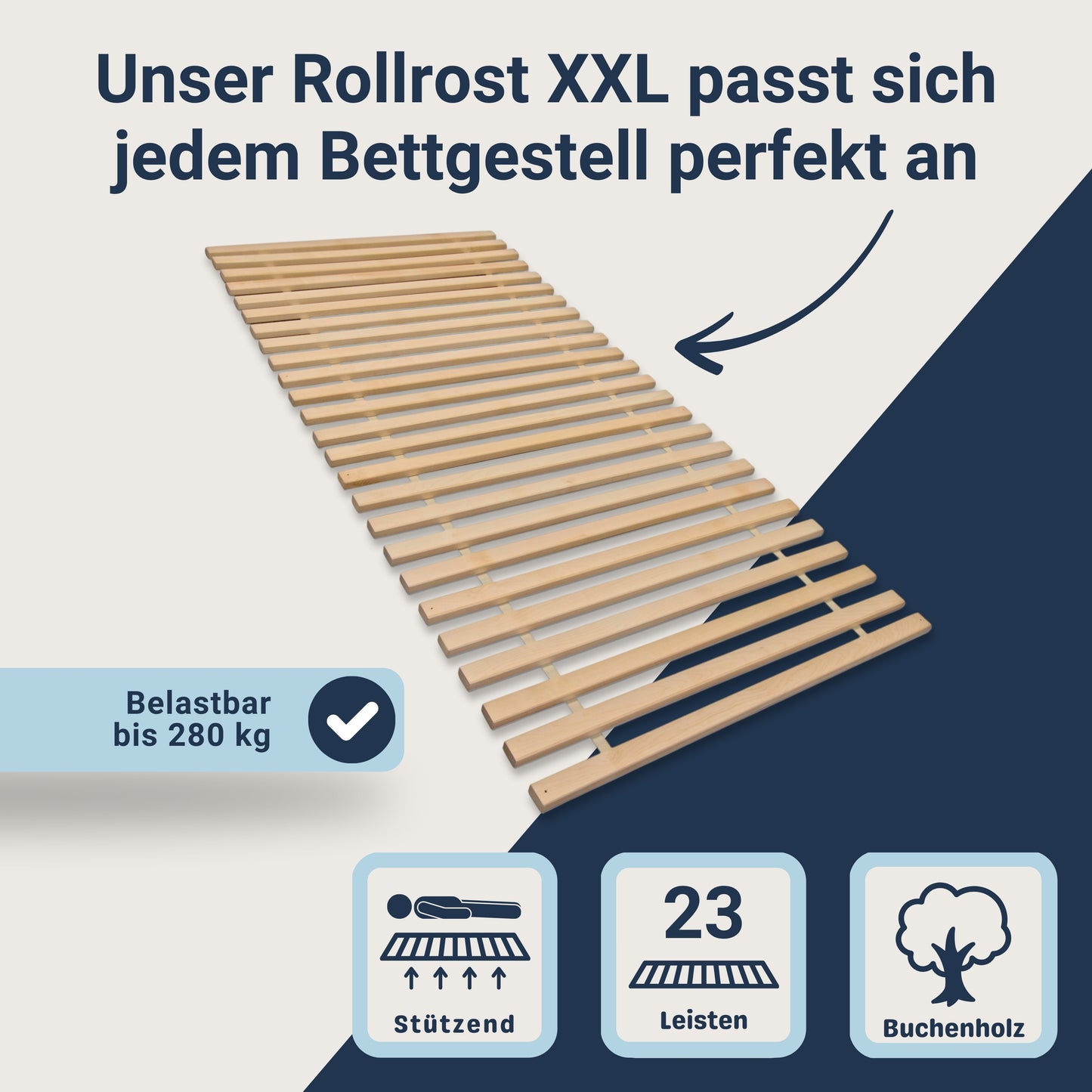 Madera XXL – Rollrost mit 23 extra stabilen Leisten aus massivem Buchenholz, belastbar bis ca. 280 kg