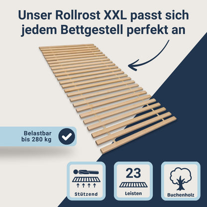 Madera XXL – Rollrost mit 23 extra stabilen Leisten aus massivem Buchenholz, belastbar bis ca. 280 kg
