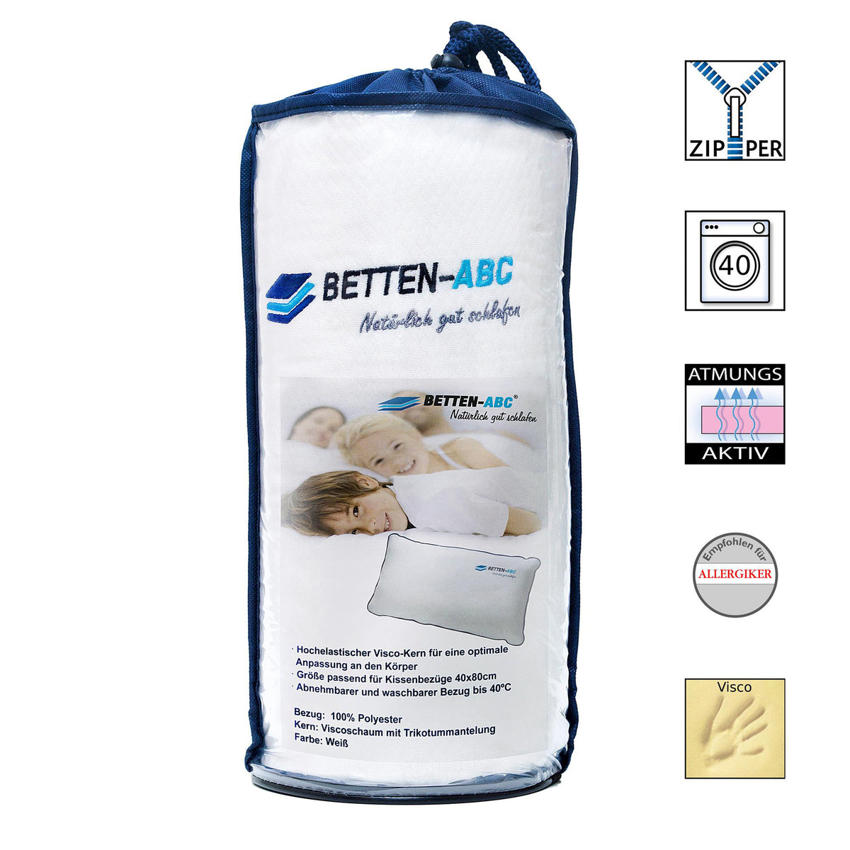 ABC Visco Travel – Reisekissen, 40x80 cm, gerollt, Ergonomisches HWS Nackenstützkissen, waschbar