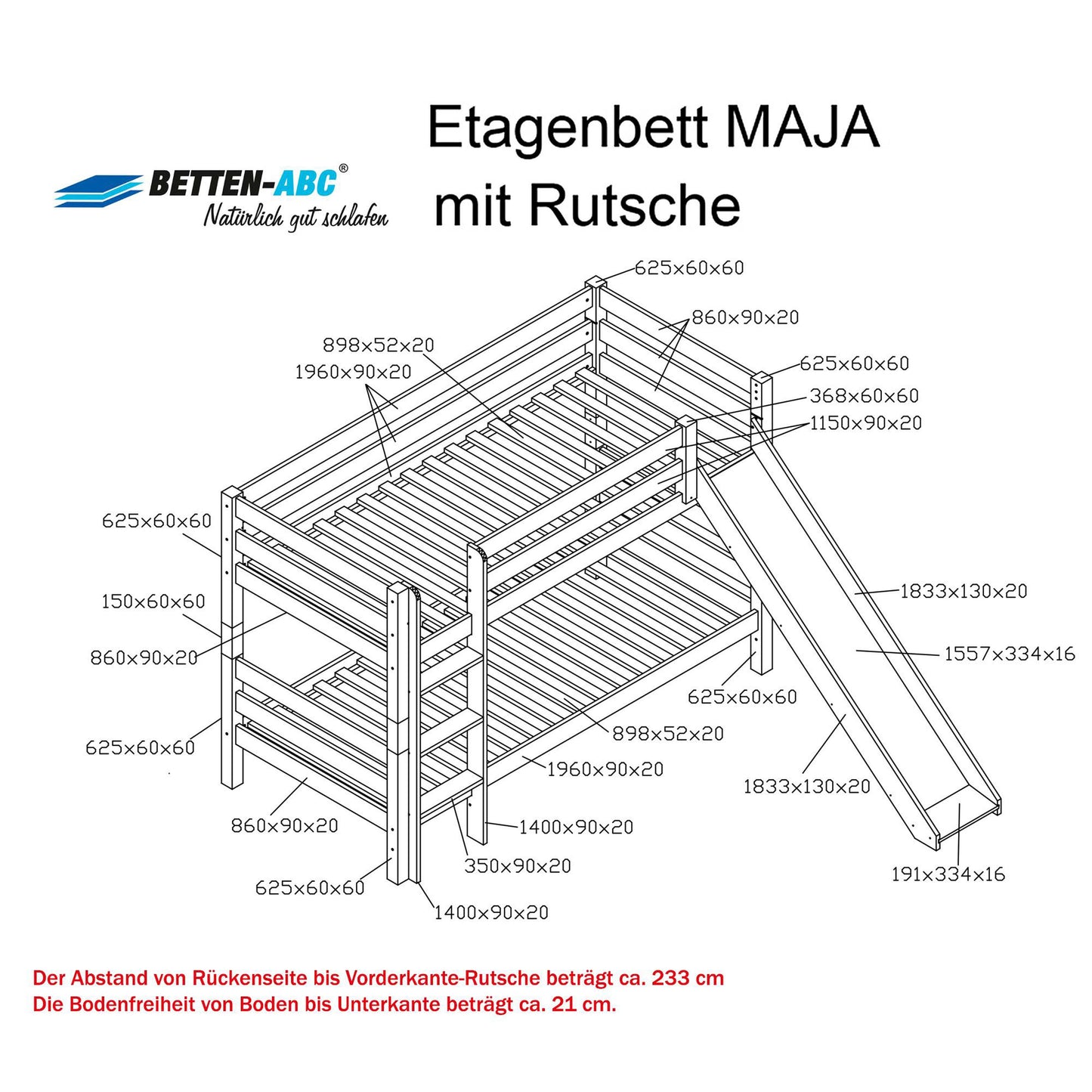 Bubema Malu – Kinder Etagenbett/Hochbett, Buche massiv, mit oder ohne Rutsche, natur oder weiß
