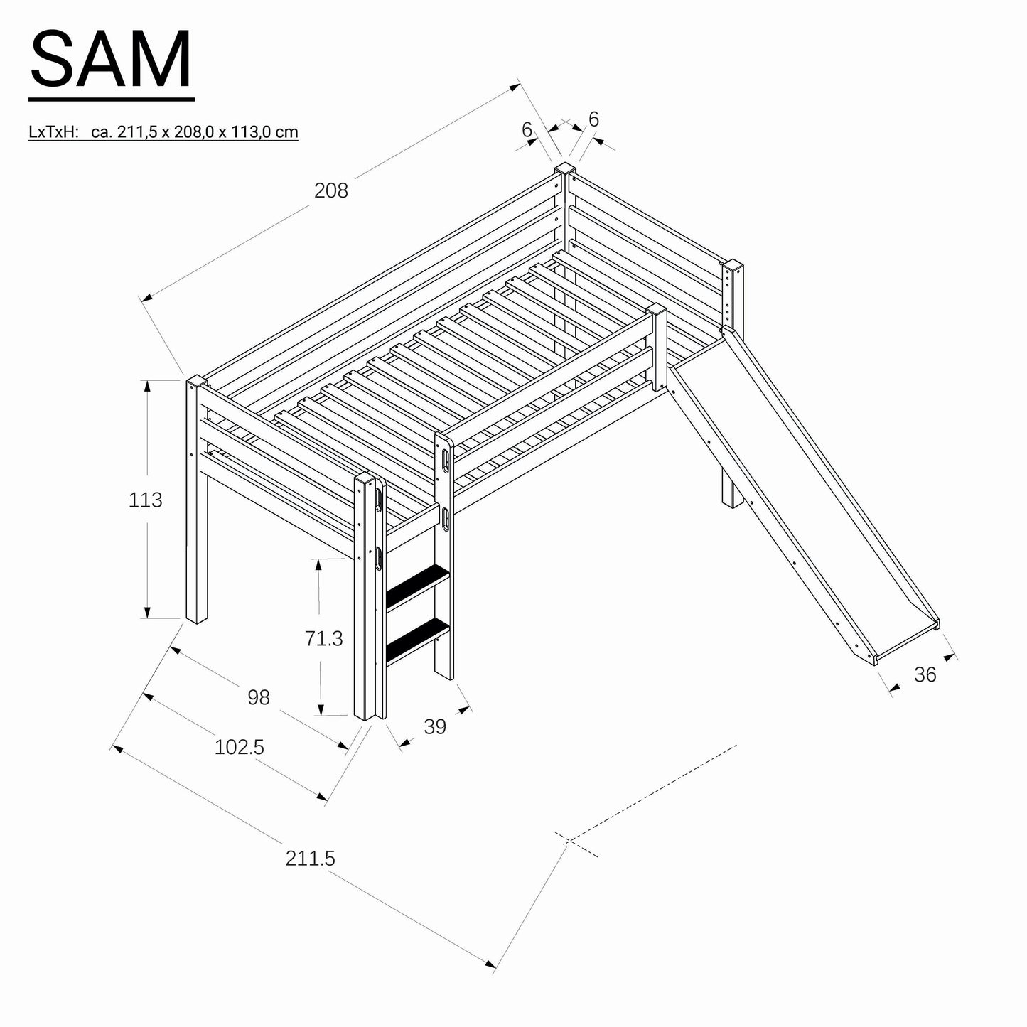 Bubema Sam Kinder Hochbett, Buche oder ohne Rutsche, natur oder weiß lackiert