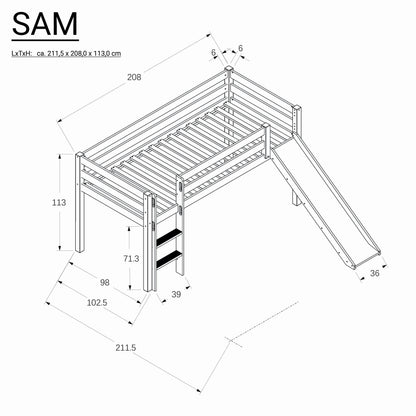 Bubema Sam Kinder Hochbett, Buche oder ohne Rutsche, natur oder weiß lackiert