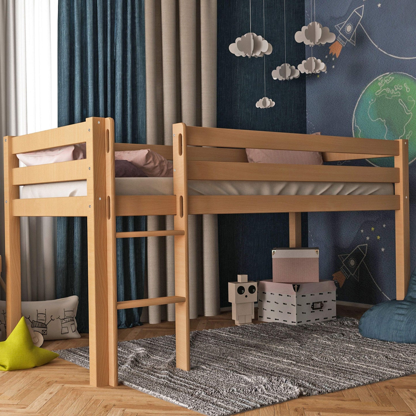 Bubema Sam Kinder Hochbett, Buche oder ohne Rutsche, natur oder weiß lackiert