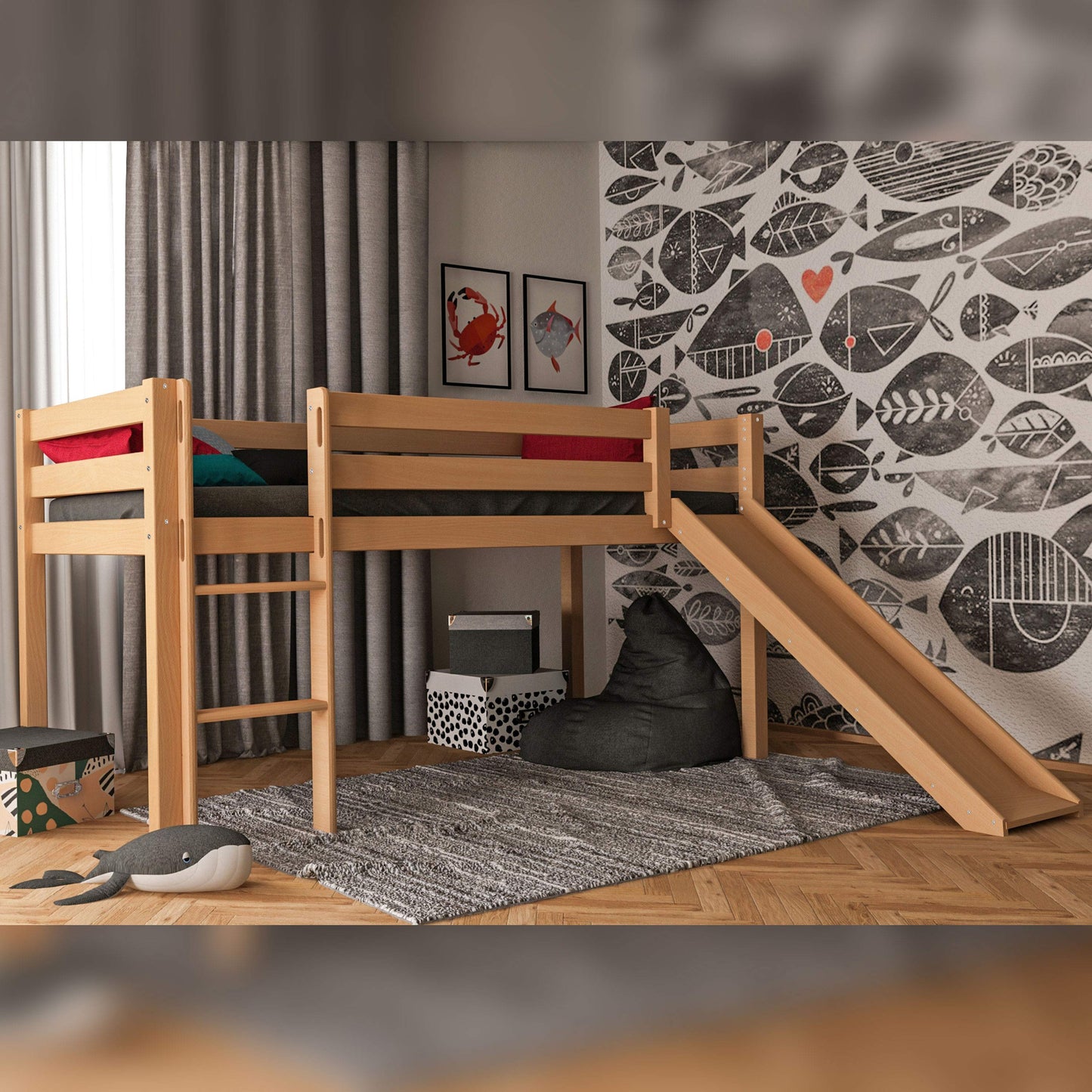 Bubema Sam Kinder Hochbett, Buche oder ohne Rutsche, natur oder weiß lackiert