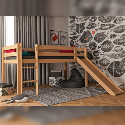 Bubema Sam Kinder Hochbett, Buche oder ohne Rutsche, natur oder weiß lackiert