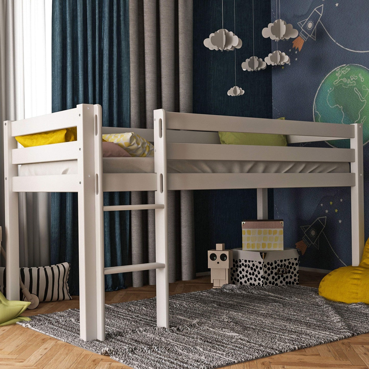 Bubema Sam Kinder Hochbett, Buche oder ohne Rutsche, natur oder weiß lackiert