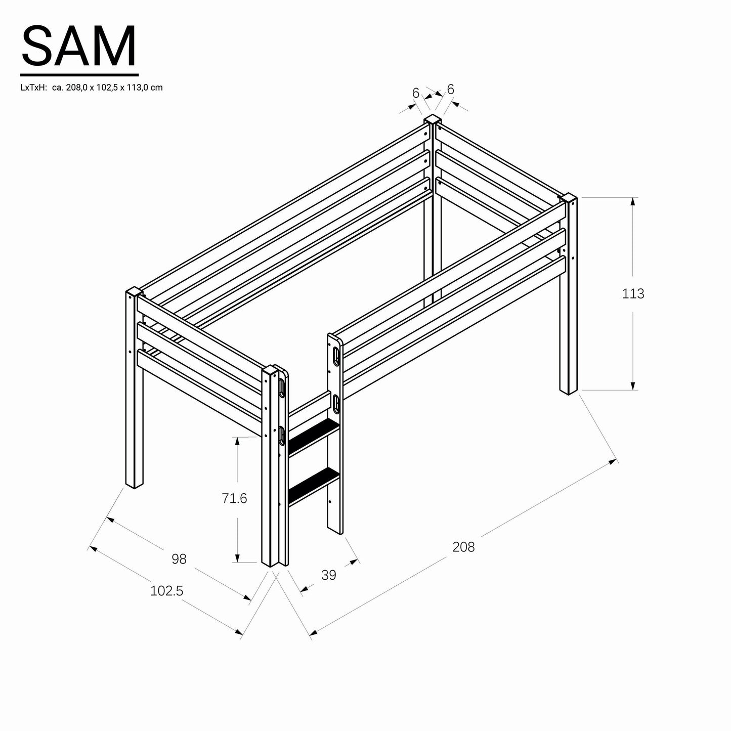 Bubema Sam Kinder Hochbett, Buche oder ohne Rutsche, natur oder weiß lackiert