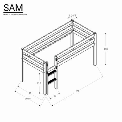 Bubema Sam Kinder Hochbett, Buche oder ohne Rutsche, natur oder weiß lackiert