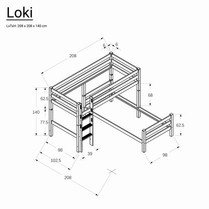 Bubema Loki Kinder Etagenbett / Hochbett, Buche Buche massiv, natur oder weiß lackiert