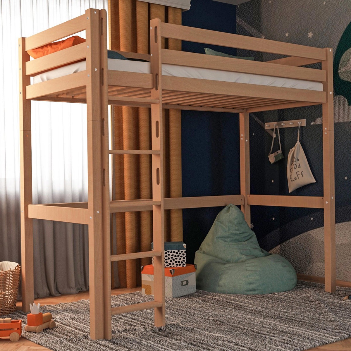 Bubema Mika Hochbett Buche massiv, natur oder weiß lackiert, 90x200 cm