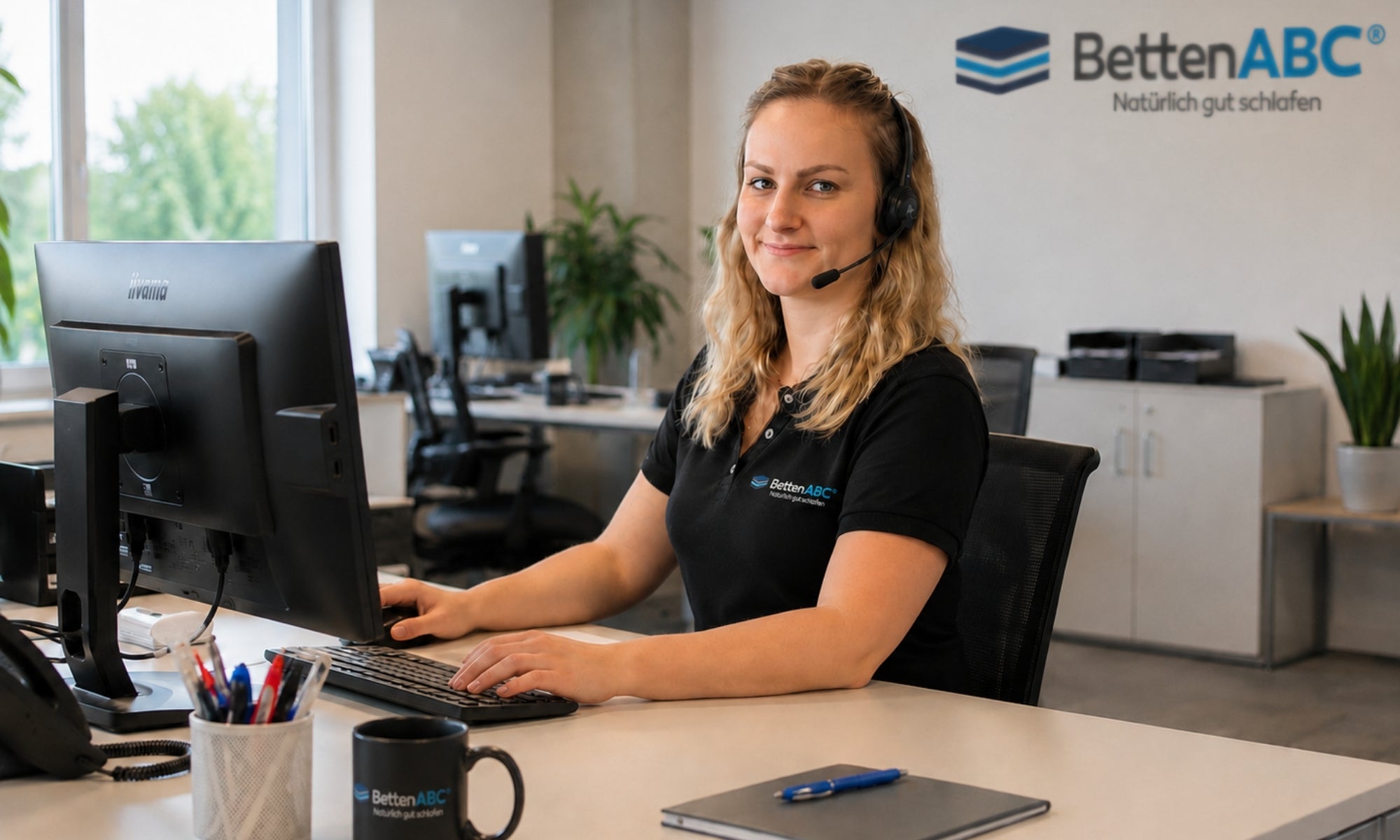 Kundenservice-Mitarbeiterin von Betten-ABC mit Headset berät Kunden persönlich zu Matratzen, Lattenrosten und Schlafkomfort.