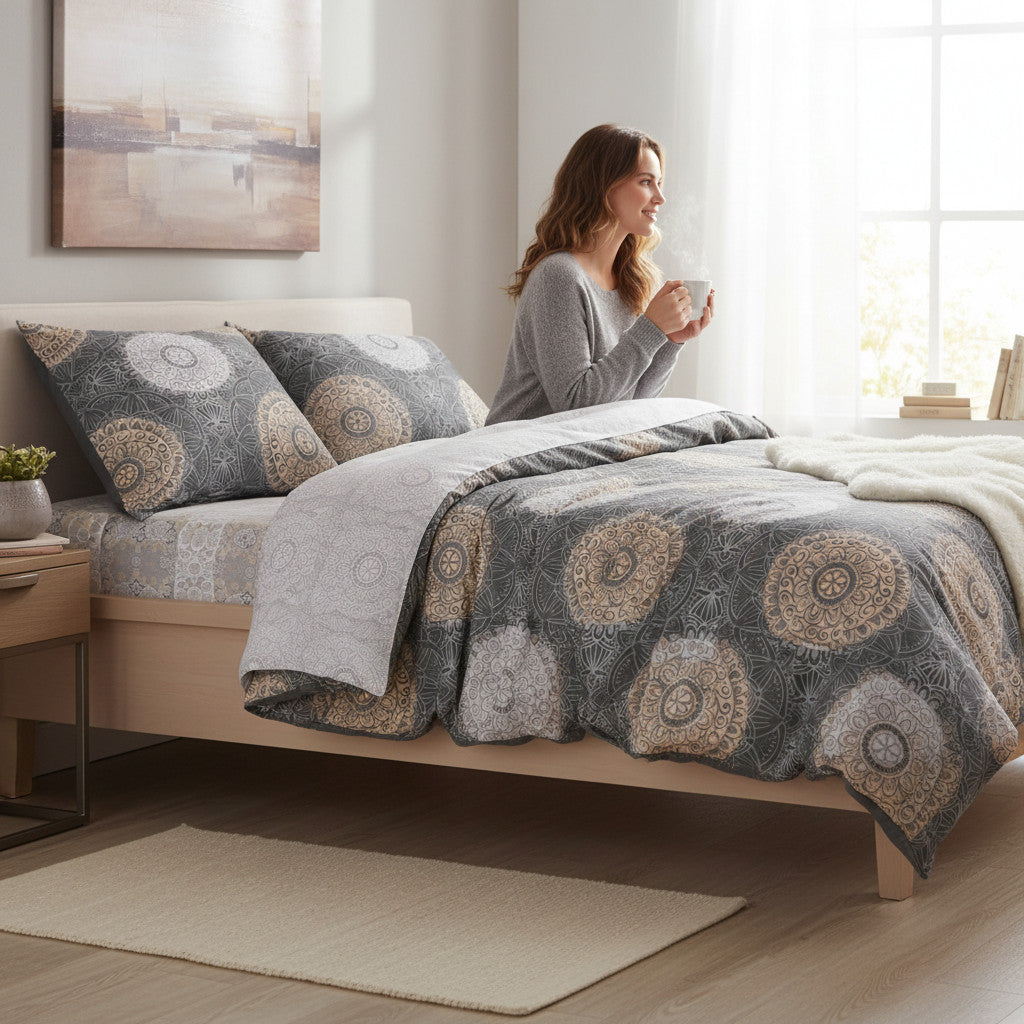 Betten-ABCHohe Bettwäsche BOHO aus 100% Baumwolle mit Mandalamuster in Grau, Beige und Weiß, 135x200 cm