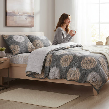 Betten-ABCHohe Bettwäsche BOHO aus 100% Baumwolle mit Mandalamuster in Grau, Beige und Weiß, 135x200 cm