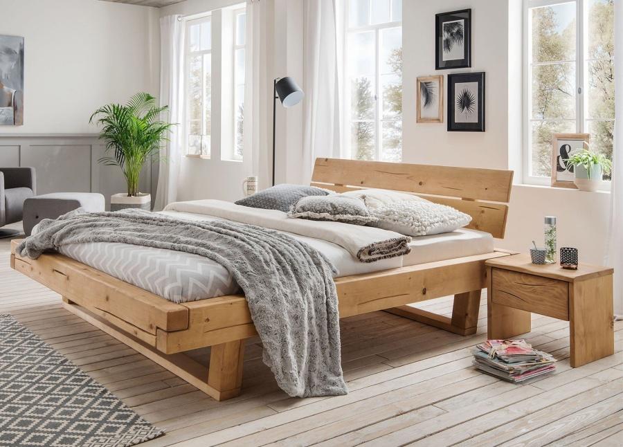 Bubema Massivholzbett Mondera, Balken-Bett mit Kopfteil, Holzfüße in Kufenform