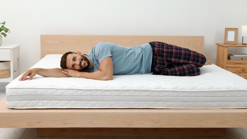 Junger Mann liegt quer im Doppelbett auf großer Matratze - Matratze für Paare