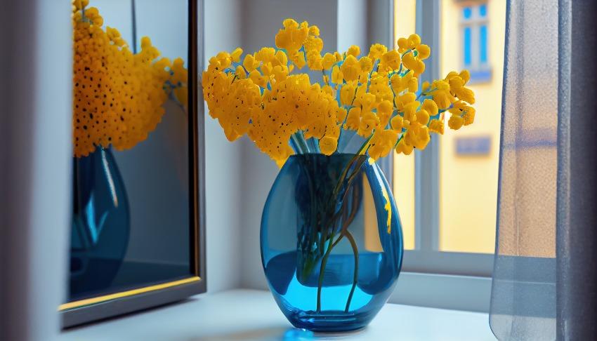 Blaue Vase mit gelben Blumen