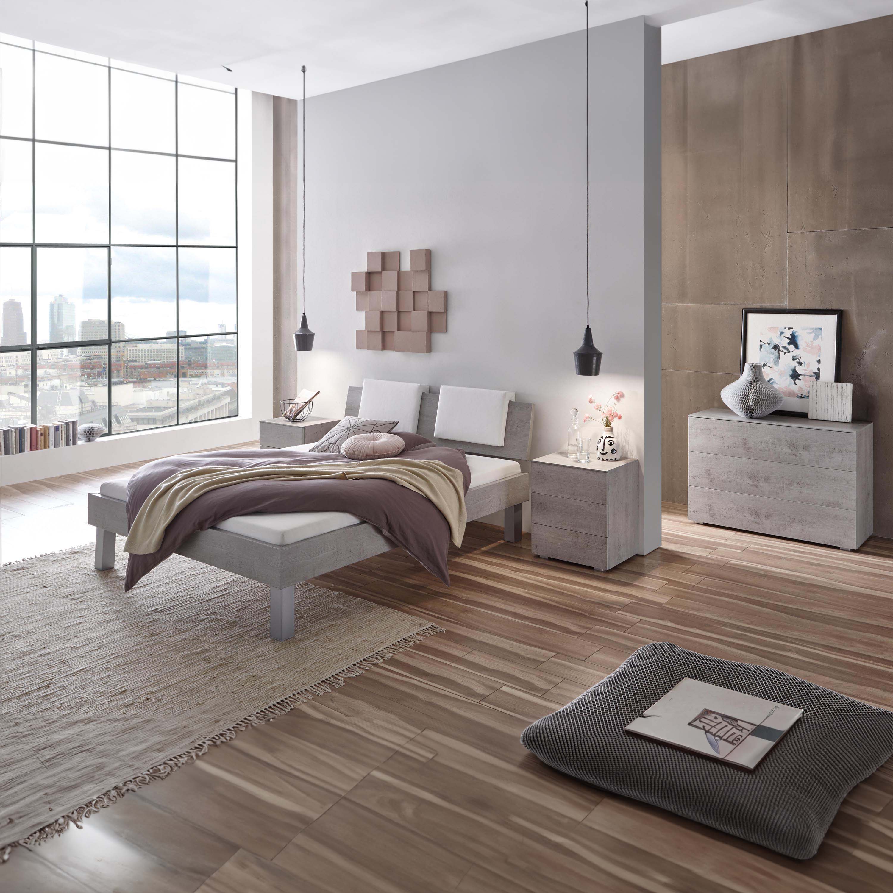 Hasena Top-Line - Bett in modernem Design, Farbe Beton, Kopfteil Advance 18 mit Dekokissen