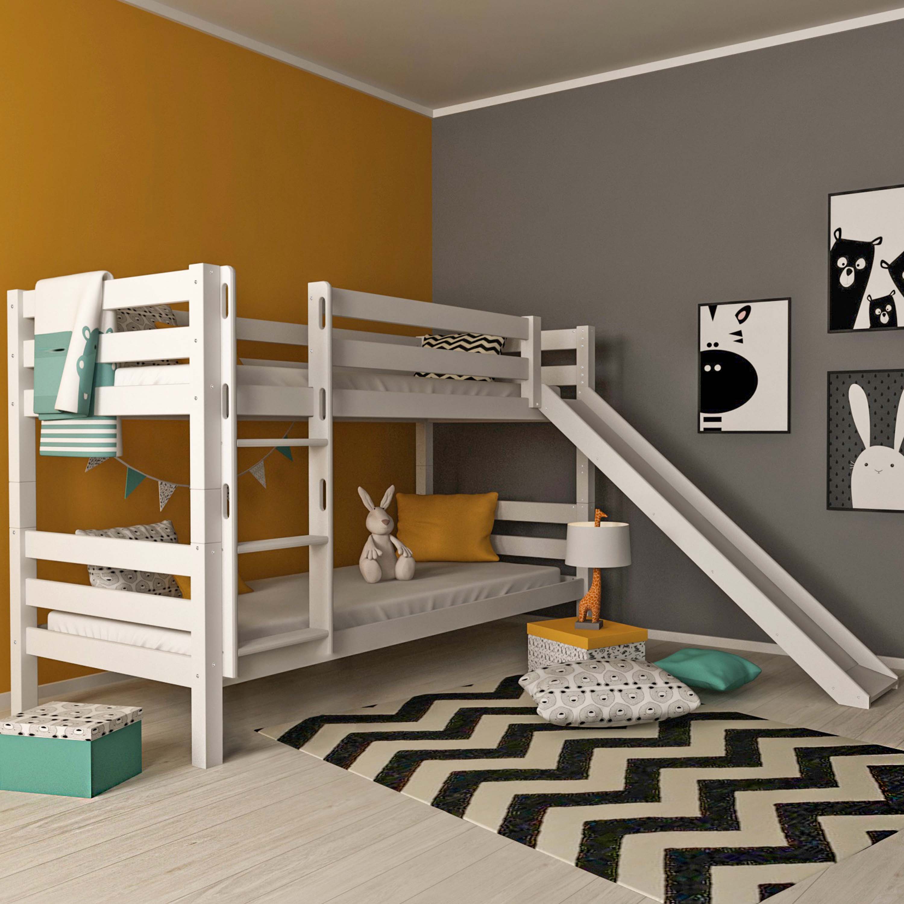 Komplettset Malu – Etagenbett mit Matratzen, Decken und Kissen, mit Rutsche, weiß