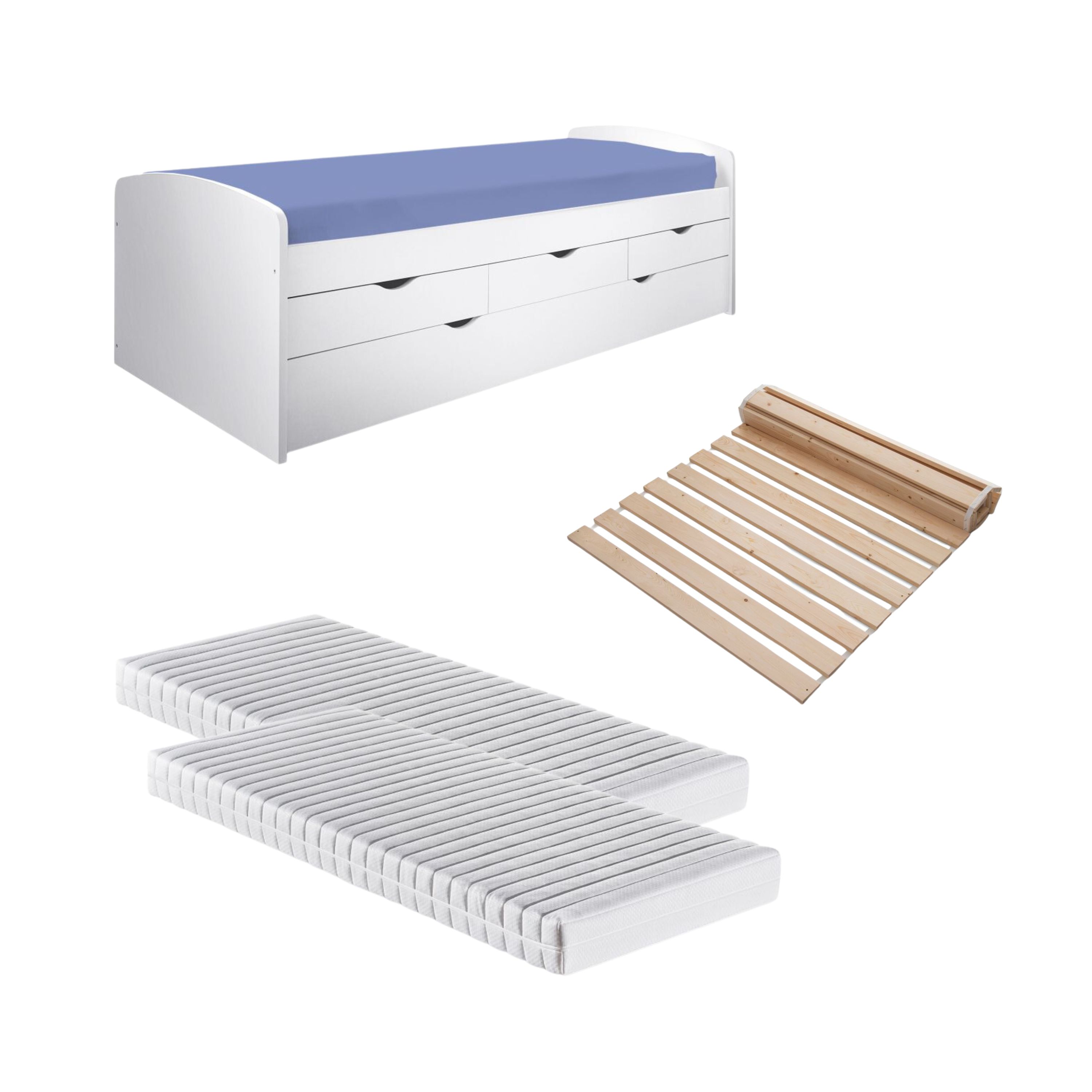 Komplettset Leno – Funktionsbett mit Schubladen und Bettkasten, inklusive Rollrost und Matratzen