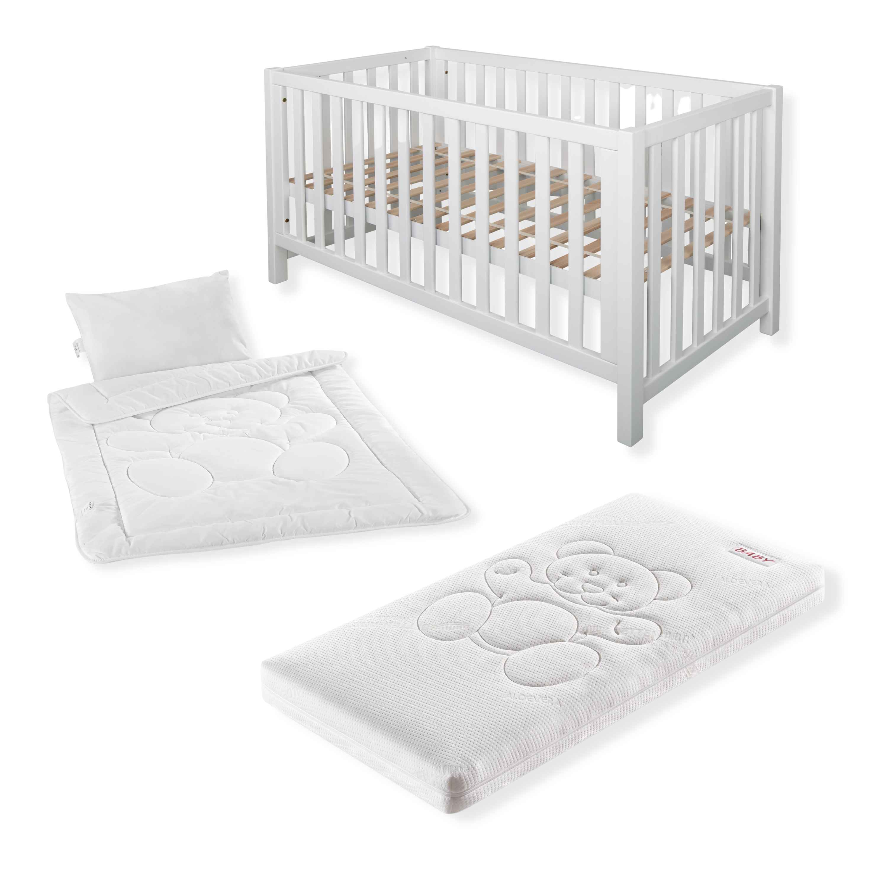 Komplettset Nils classic – Babybett mit Matratze, Decke und Kissen, in der Größe 70x140cm, Farbe: weiß