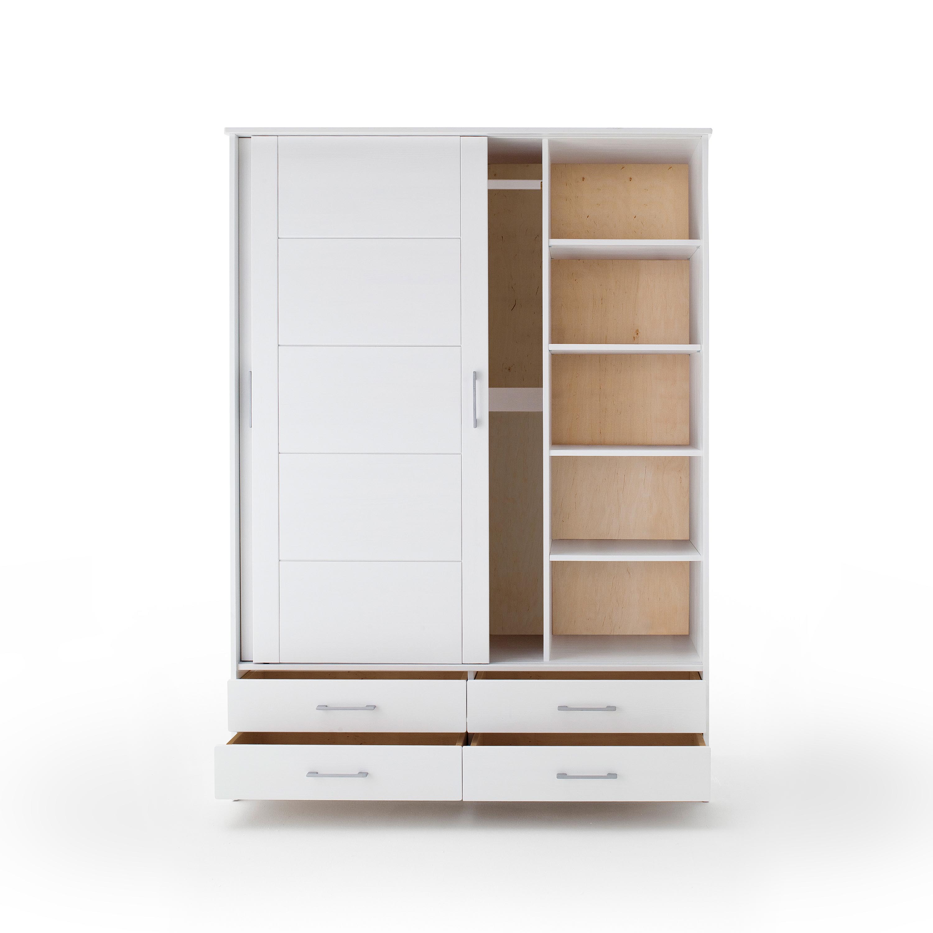 Schiebetürenschrank Skadi – aus massivem Fichtenholz, mit zwei Türen und vier Schubladen, weiß lackiert