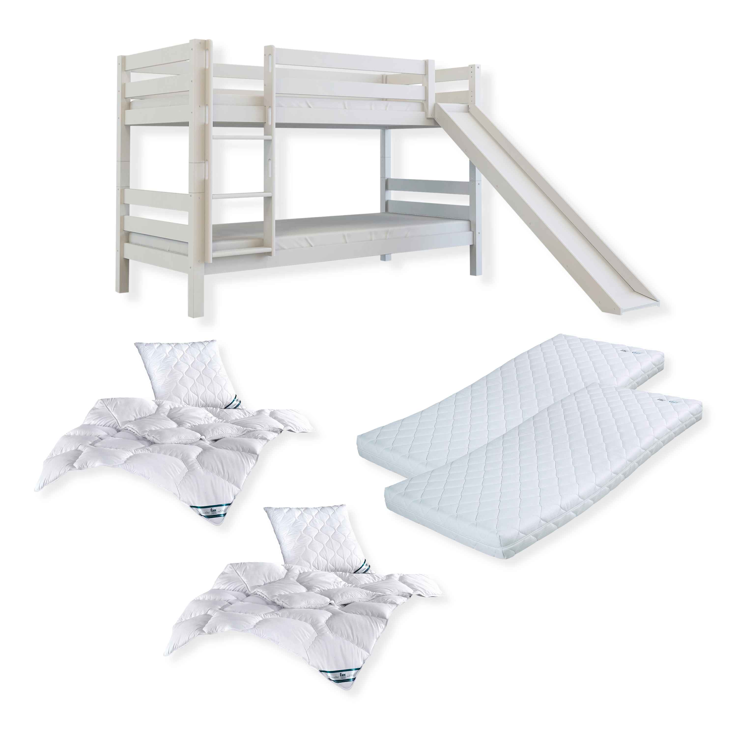 Komplettset Malu – Etagenbett mit Matratzen, Decken und Kissen, mit Rutsche, weiß